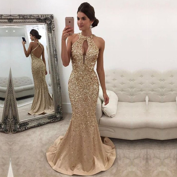 2022 Sexy Arabic Silver Gold Evening Dresses Wear Jewel Neck Keyhole Crystal Beading Mermaid Satin Open Back Sweep Train Formal Party Dress Prom Gowns