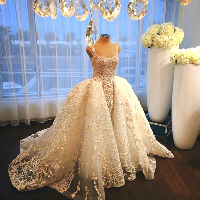 Elegance Portrait Mermaid Wedding Gown With Over-Skirt Sheer Jewel Lace-Appliques Bridal Dresses 2017 Custom Made Sleeveless Wedding Dresses