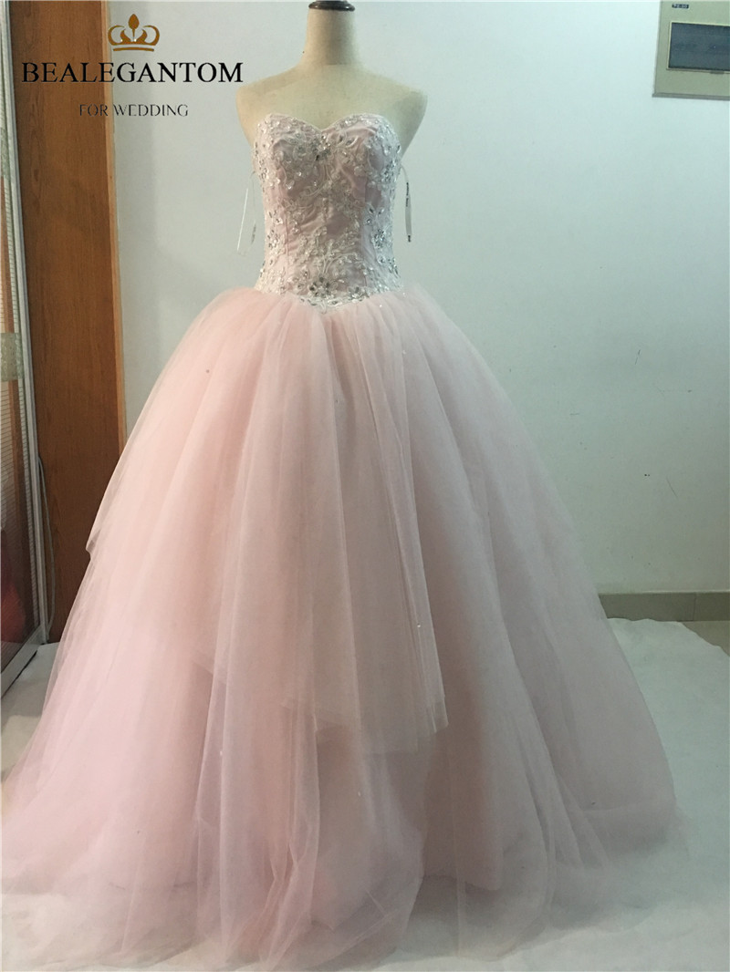 2017 Sexy Pink Sweetheart Crystal Ball Gown Quinceanera Dresses with Appliques Tulle Plus Size Sweet 16 Dresses Vestido Debutante Gowns BQ36
