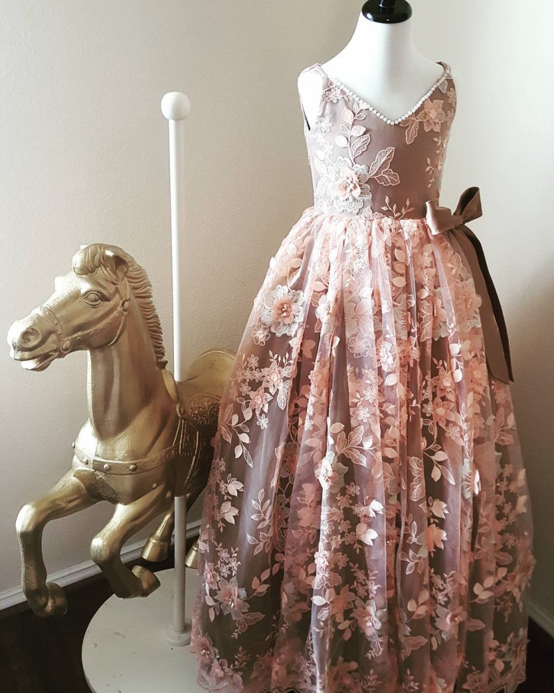 Real Image Flower Girls Dresses Luxury Embroidery Appliques Kids Pearls Evening Gowns Tulle Sleeveless Flowergirl Dress For Sales