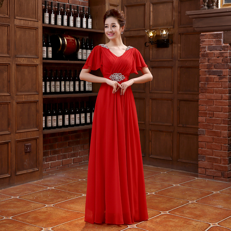 Brand New Red Evening Dresses with Short Sleeve Elegant Chiffon Bride Gown Ball Prom Party Homecoming/Graduation Formal Dress