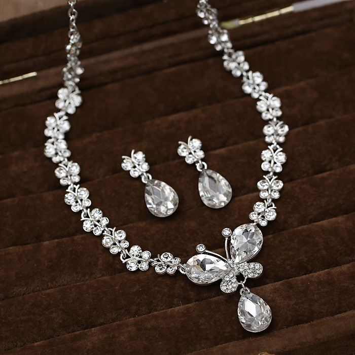 Rhinestone Crystal Drop Necklace Sets Earring Plated Bridal Jewelry Set White Wedding Earrings Wedding Accessories