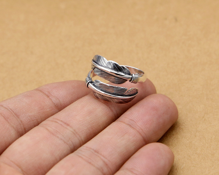 925 sterling silver fashion jewelry band ring feather shape open adjustable ring vintage style for women