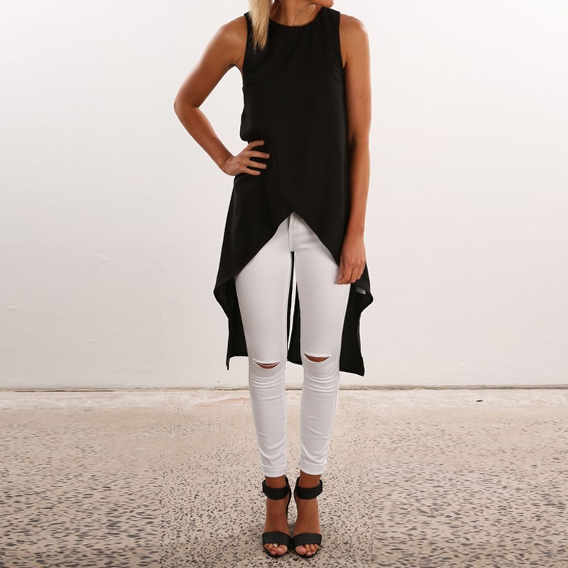 Plus Size Fashion Summer 2017 Women Sleeveless Asymmetric Hem O Neck Long Top Solid Chiffon Style Blouses Blusas Feminin