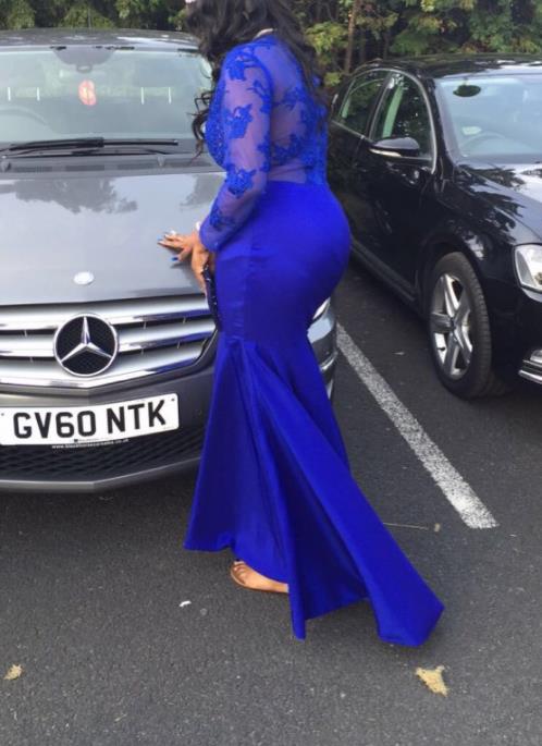 Long Prom Dresses 2023 Sheer O-neck Applique Illusion Long Sleeve Floor Length Stretch Satin Royal Blue Mermaid Evening Gowns