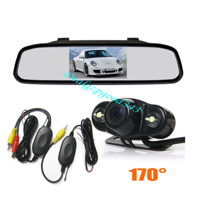 4.3" LCD Mirror Monitor + 2 white LED Wireless Reversing Backup Camera Car Rear View Kit 170°Waterproof