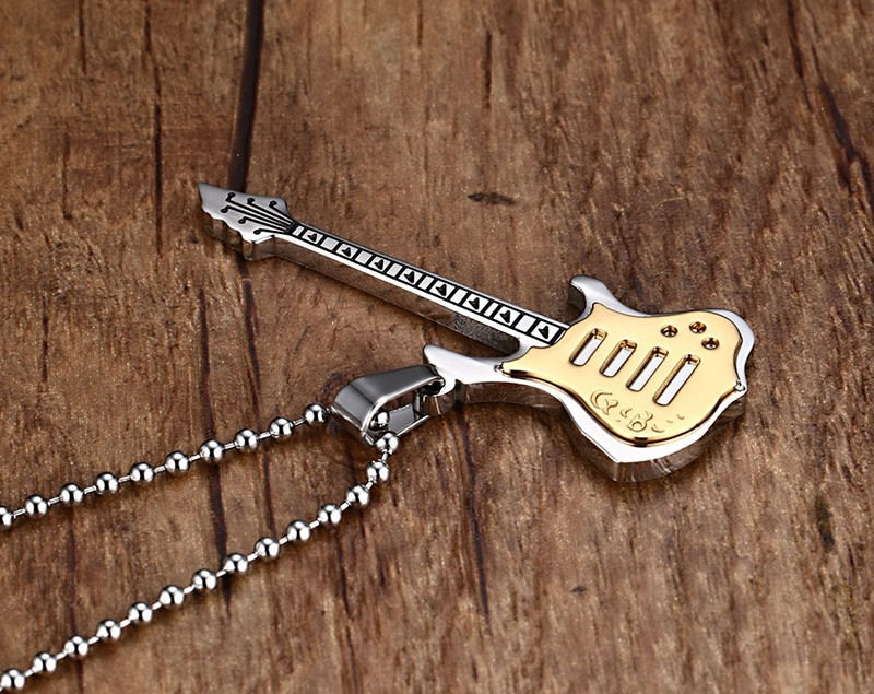 Wholesale-Fashion Guitar Necklace Pendant Music Jewelry Stainless Steel 3 Color Wholesale with 60cm Ball Chain