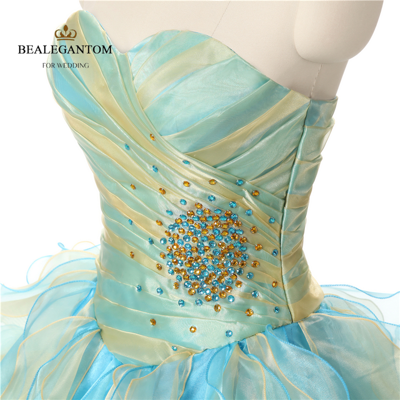 Real Photo Sexy Mint Blue and Gold Quinceanera Dresses 2021 Ball Gown With Ruffle Sequins Sweet 16 Prom Pageant Party Gowns QC121