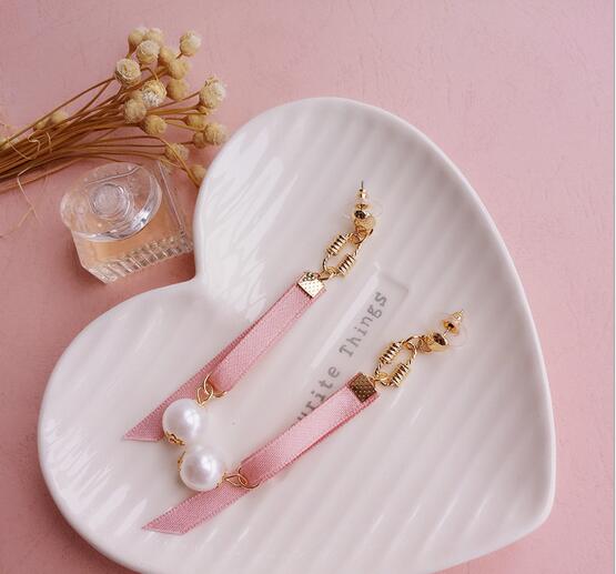 New wild ribbons long temperament earrings sweet and lovely female personality simple earrings pearl earrings