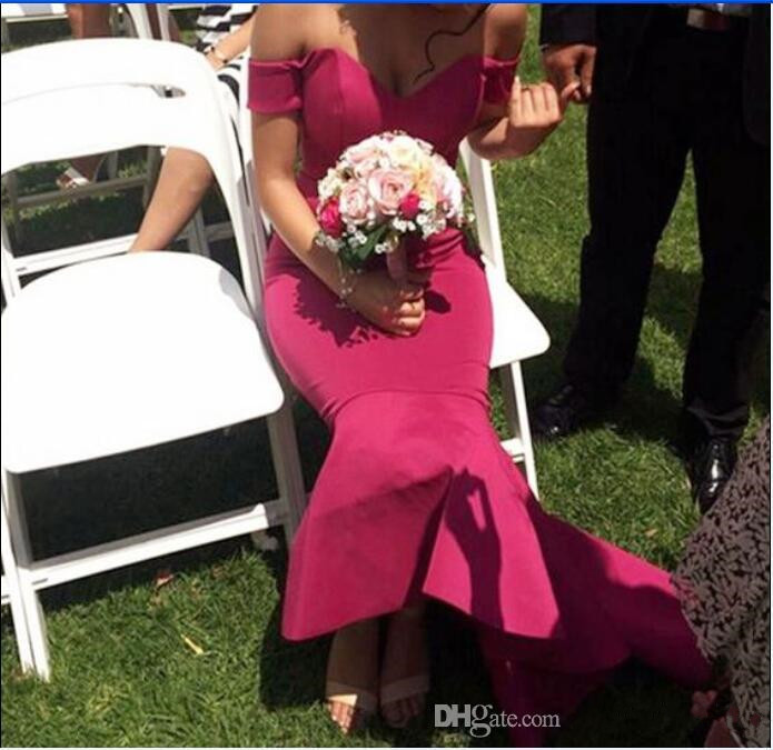 Elegant Fuchsia Off Shoulder Bridesmaid Dresses Modest Mermaid High Low Layered Wedding Guest Dresses For Western Garden Weddings