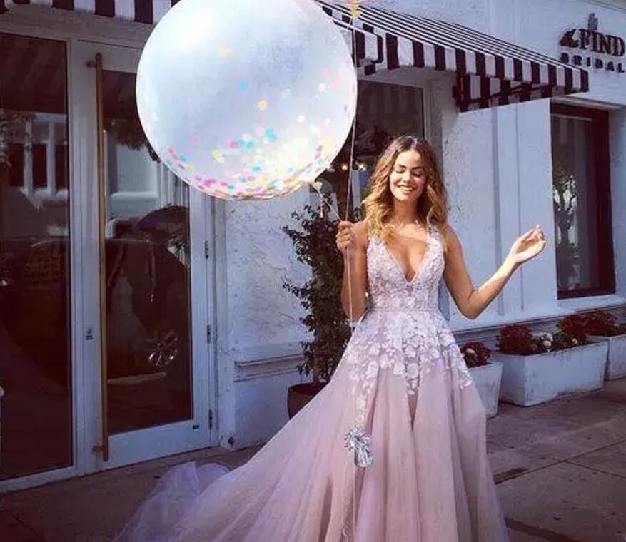 Sexy Blush Pink Deep V Neck Cut Out Back Wedding Dresses Cheap Tulle With Lace Appliqued Long Bridal Gowns Beach Custom Made EN10202