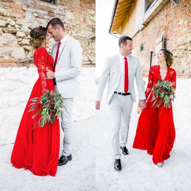 Romantic 2017 Red Wedding Dresses Bohemian Country V Neck Illusion Long Sleeve Chiffon Bridal Gowns Custom Made China EN7223
Romantic 2017 Red Wedding Dresses Bohemian Country V Neck Illusion Long Sleeve Chiffon Bridal Gowns Custom Made China EN7223