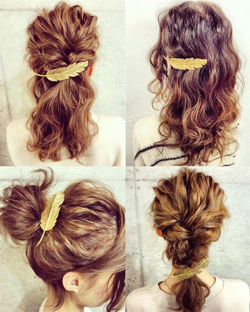 Women Leaf Feather Hair Clip Hairpin Barrette Bobby Pins Hair Accessories Gold #R49