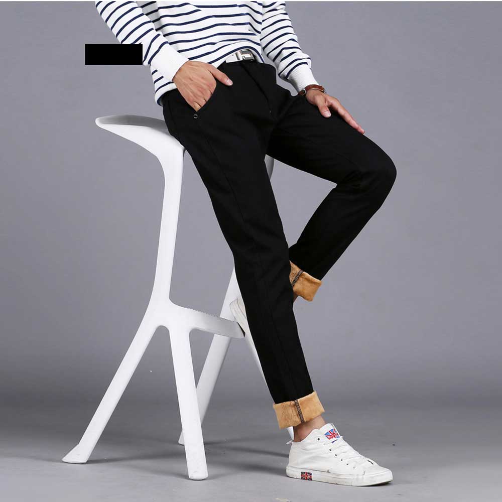 Wholesale-Mens Winter Pants Warm Fleeces Inside Slim Fit Casual Pants Khaki Blue Black Straight-Fit Long Trousers for Men