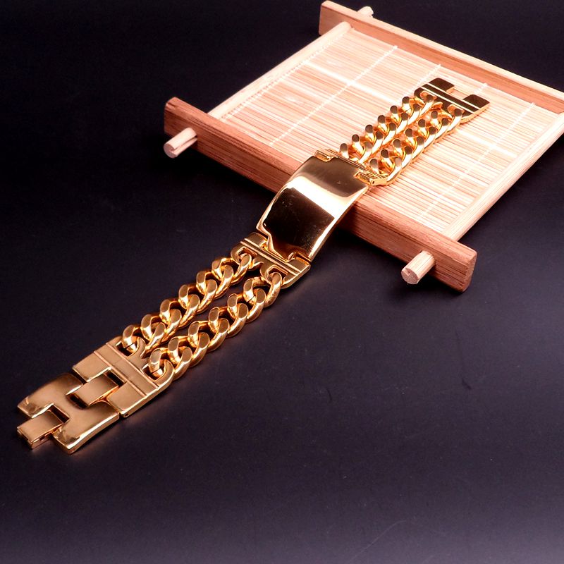 Gold Tone Biker Stainless Steel Fashion new Jewelry 2 Row Curb Chain bangle Smooth ID Bracelet for Men women large 22mm 9 inch