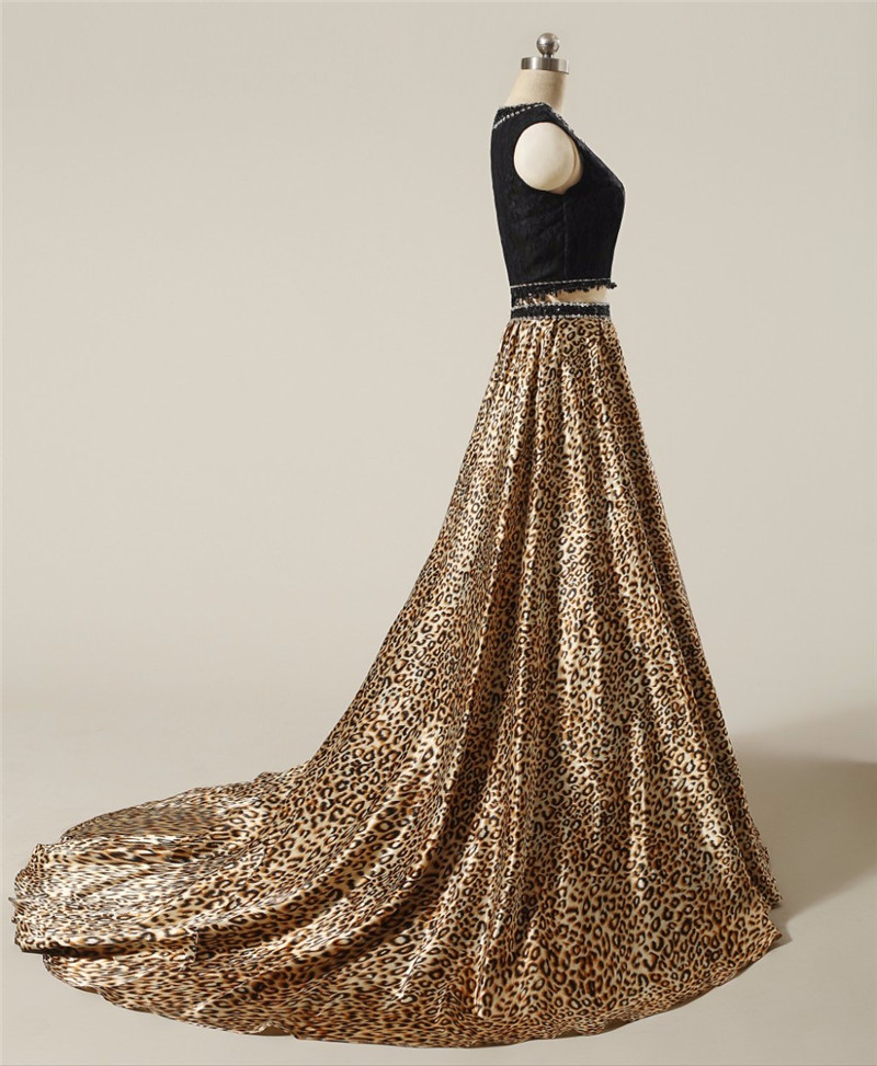 2017 New Sexy Leopard Print Two Piece Crystal Lace Prom Dresses With Beading Sequined Floor-Length Evening Long Formal Party Gown BP03