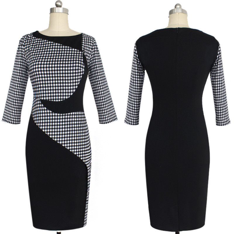 High quality women's Work Dresses classic lattice tattoo stitching Slim thin elastic package hip pencil skirt fashion dress LX030