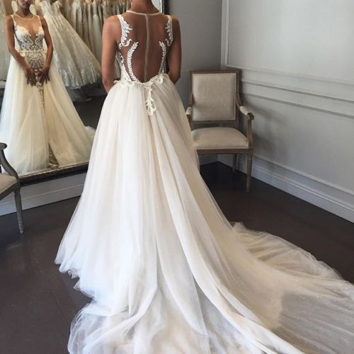 Berta Mermaid Wedding Dresses With Detachable Train Sweep Train Lace Beach Wedding Dress Applique Sleeveless Jewel Neck Plus Size Bridal