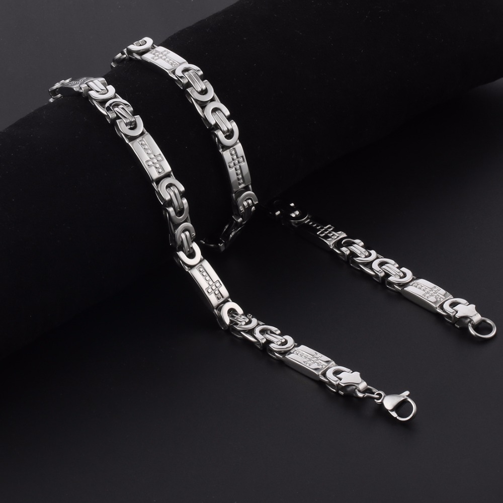 High Quality Stainless Steel Necklace Mens Chain Byzantine Carved Men Jewelry Gold Silver Tone 8mm Width 55cm Length 22inch244P