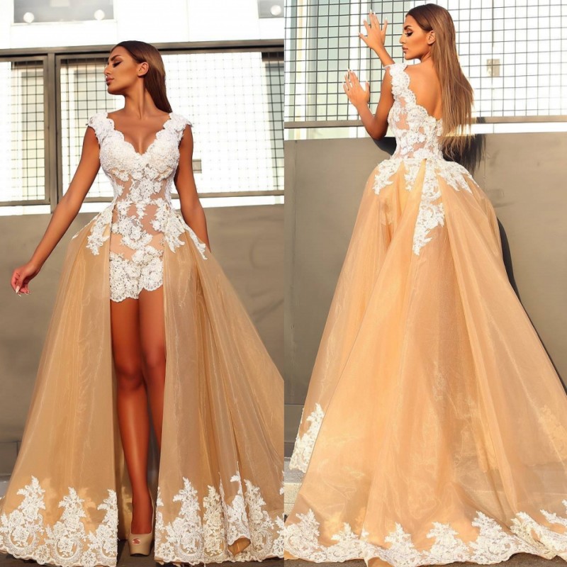 Champagne Deep V Neck Cap Sleeve Short Arabic Evening Dresses With Detachable Train Backless Sweep Train Sexy African Prom Dress Applique