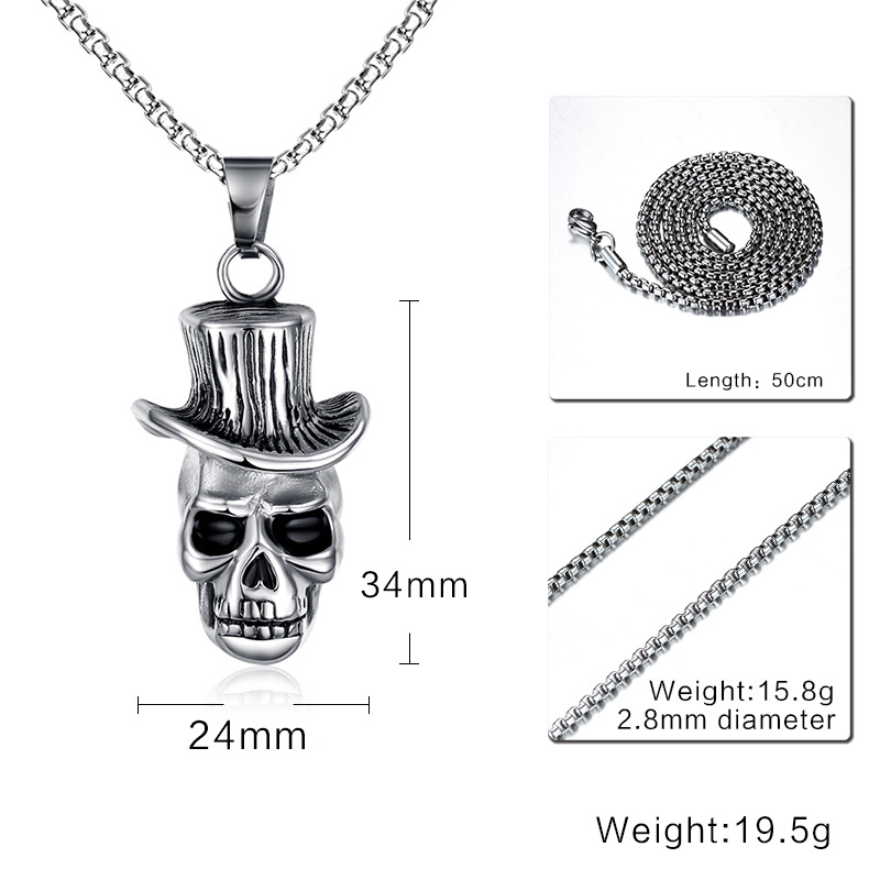 Men's Skull Wind Hat Gentleman Rock & Roll Cowboy Pendant Necklace Stainless Steel Vintage Punk Halloween Jewelry with 24inch PN-146