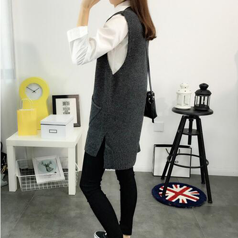 Wholesale- 2016 New spring autumn sweater women 4 solid colors V-Neck knitted pullovers Vest Dress long section all-match korean womens