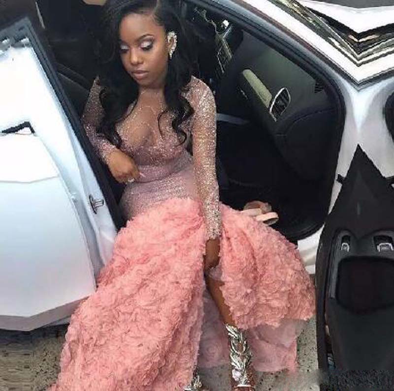 Court Train Sexy Prom Dress Special Sheer Mermaid Long Sleeve Vestidos De Fiesta Evening Gowns Beach Women Crew Evening Formal Prom Qualiti