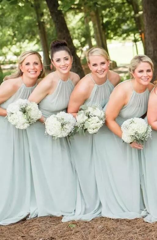 Cheap Beach Bridesmaids Dress Mint Green Country Bridesmaid Gowns Halter Long A Line Maid Of Honor Dress