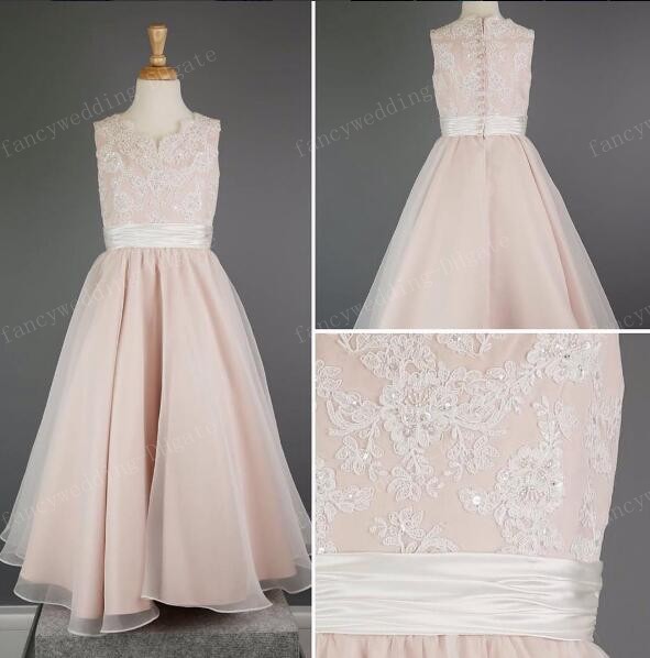 pink spring summer aline flower grils dresses kneelength lace sleeveless applique beads jewel eevening dresses