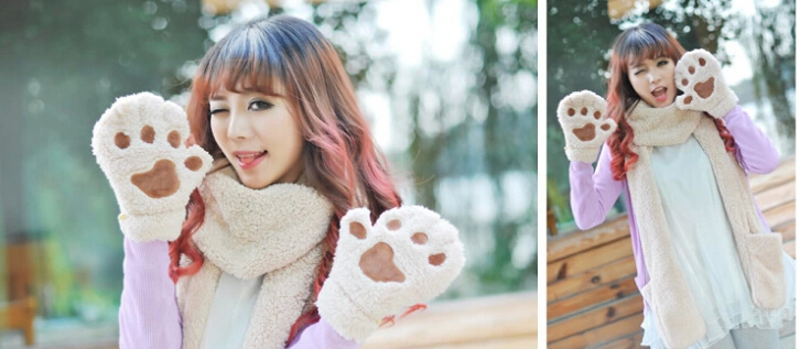 Woman Winter Fluffy Bear/Cat Plush Paw/Claw Glove-Novelty soft toweling lady's half covered gloves mittens christmas gift G390