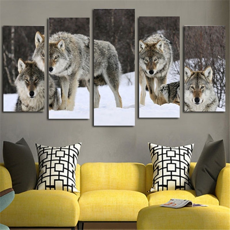 5Panel Modern Animal Four wolves Oil Painting on Canvas for Living Room Wall Art Gift Decoration Home No Frame