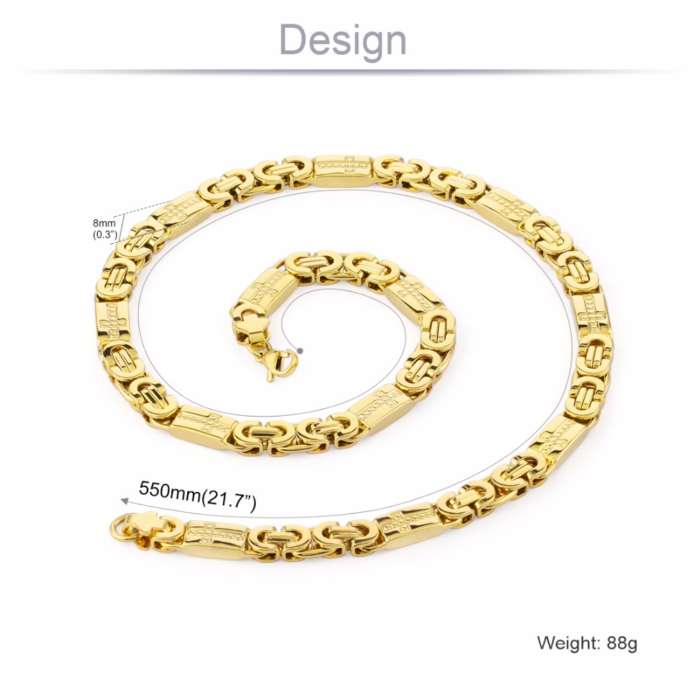 High Quality Stainless Steel Necklace Mens Chain Byzantine Carved Men Jewelry Gold Silver Tone 8mm Width 55cm Length 22inch244P