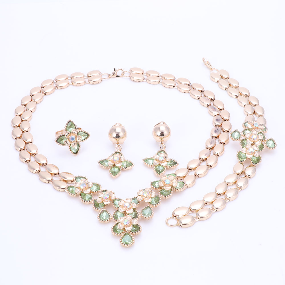 Flower Jewelry Set Gold colour goldenRhinestone French Romantic Bracelet Earrings Necklace Set For Women Hot Sell