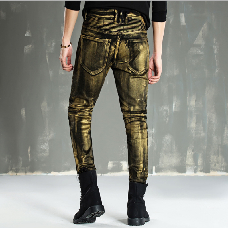 High-quality new gold silver coated men jeans elastic skinny Slim biker jeans man motorcycle pants hip hop nightclub style