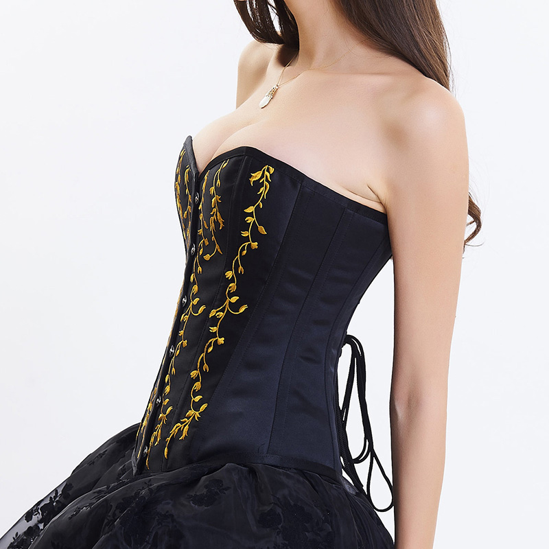 Victorian Womens Gothic Satin Sweetheart Overbust Leaves Brocade Embroidery Padded Slim Waist Burlesque Dancing Corset Top with Hip Panels