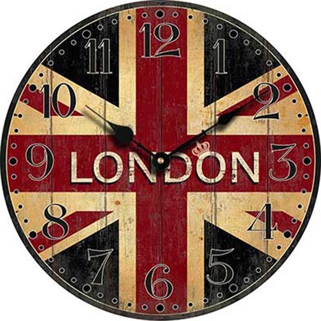 Wholesale- London Wall Clock Wood London Flag Large Bedroom Decorative Classic Vintage wall clocks Home Decor Living Room Decoration