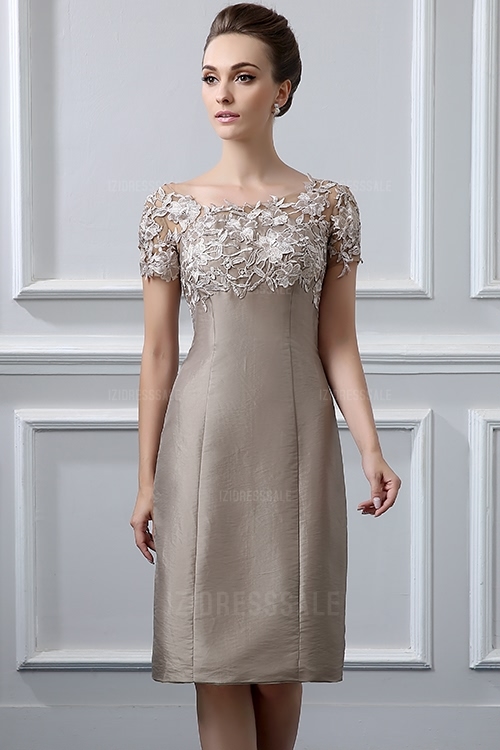Two Piece Mother of the Bride Dresses With Jacket Taffeta Lace Applique Bead Sheath Knee-Length Mother Of The Groom Dress Wedding Guest Gown