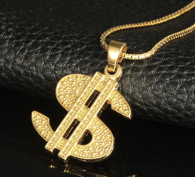 Gold Color $ Money Symbol Pendant Hip Hop Bling Crystal Dollar Sign 76cm Gold Link Chain Pendant Necklace Men Women Jewelry