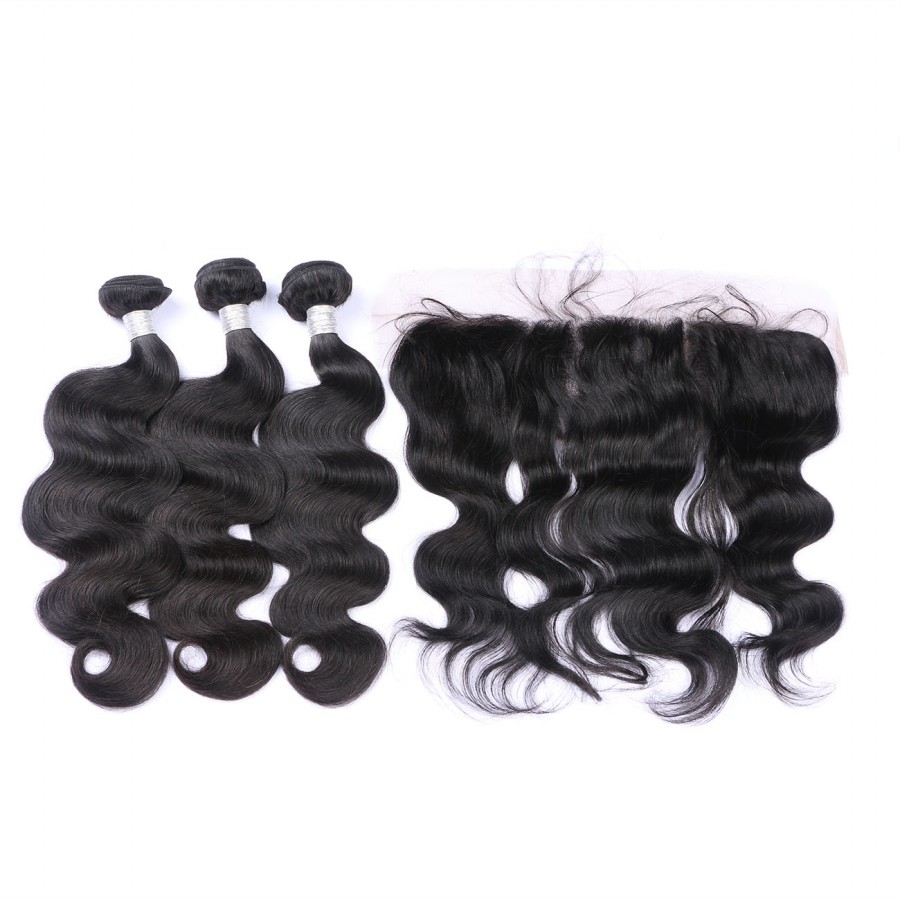 Body Wave Brazilian Human Virgin Remy Hair Lace Frontal With 3 Bundles 13X4 Ear To Ear Lace Frontal Human Hair Weaves Closure