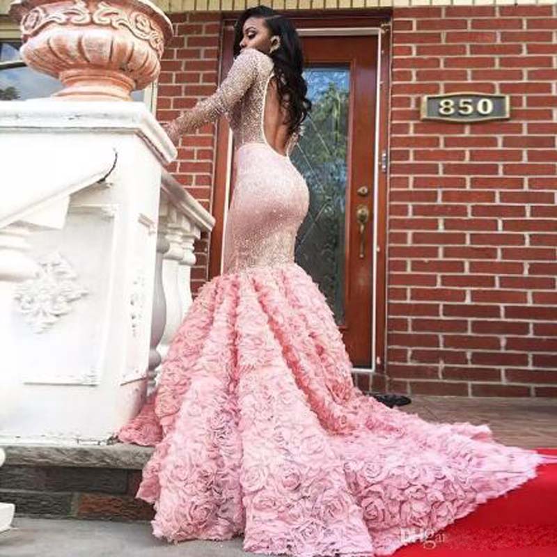 Court Train Sexy Prom Dress Special Sheer Mermaid Long Sleeve Vestidos De Fiesta Evening Gowns Beach Women Crew Evening Formal Prom Qualiti