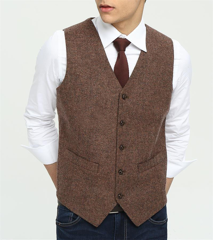 2020 Groom Vests Country Farm Brown Wool Herringbone Tweed Dress Vests Custom Made Slim Fit Men's Suit Wedding Waistcoat Dress Plus Size