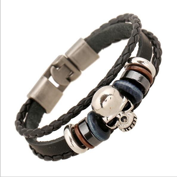 Meaeguet Men's Leather Skull Bracelets Rock Punk Stainless steel Skeleton Charms Cuff Bracelet Bangles Casual Jewelry G44