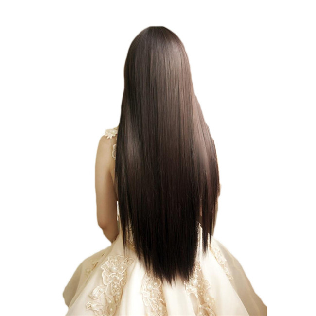 WoodFestival long black wig with bangs brown Straight Wigs For Women Hair neat bang synthetic fiber cosplay