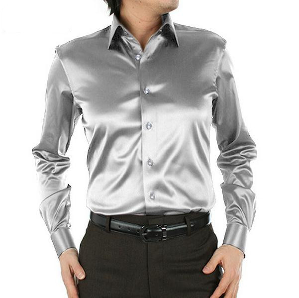 Wholesale- Hot Pure Men Shirt Fashion Korea Silk Shirt Satin Mens Long Sleeve Camisa Hombre Couples Shirt Wedding Dress