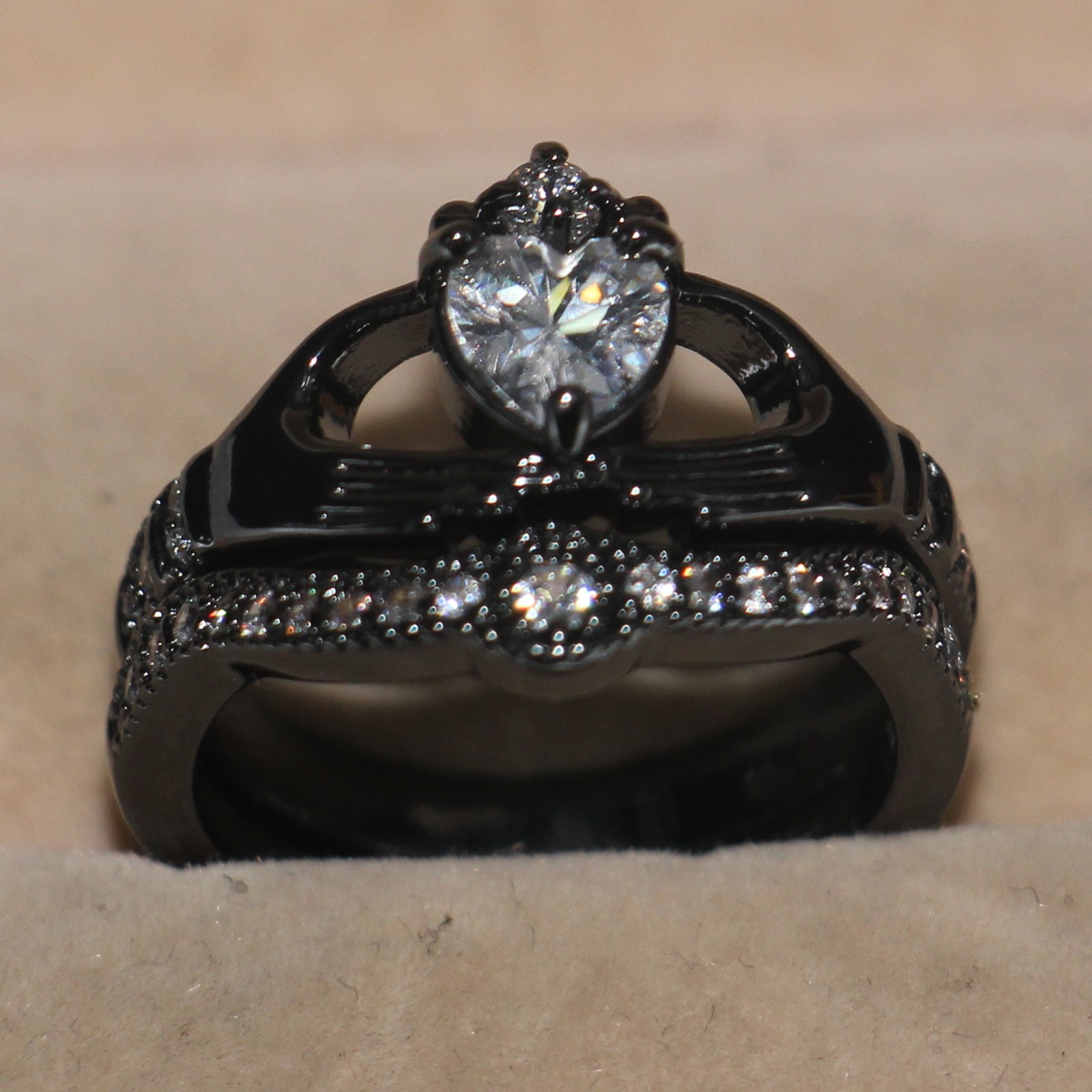 Exquisite 10K Black Gold Filled Heart Topaz Wedding Bridal Claddagh Ring Set for Women, Sizes 5-11