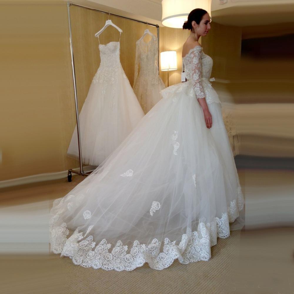 Modest 2017 Lace Off The Shoulder Long Sleeve Overskirt Wedding Dresses With Detachable Skirt Beaded Applique Bridal Gowns EN11174