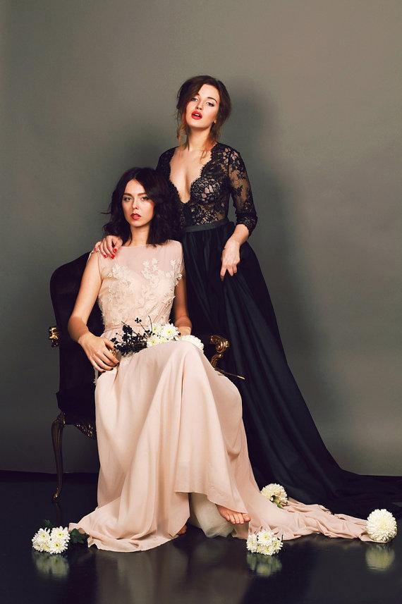Vintage 2016 Black Lace Tulle A-line Wedding Dresses Cheap V Neck 3/4 Long Sleeve Gothic Bridal Gowns Plus Size Custom Made EN11107