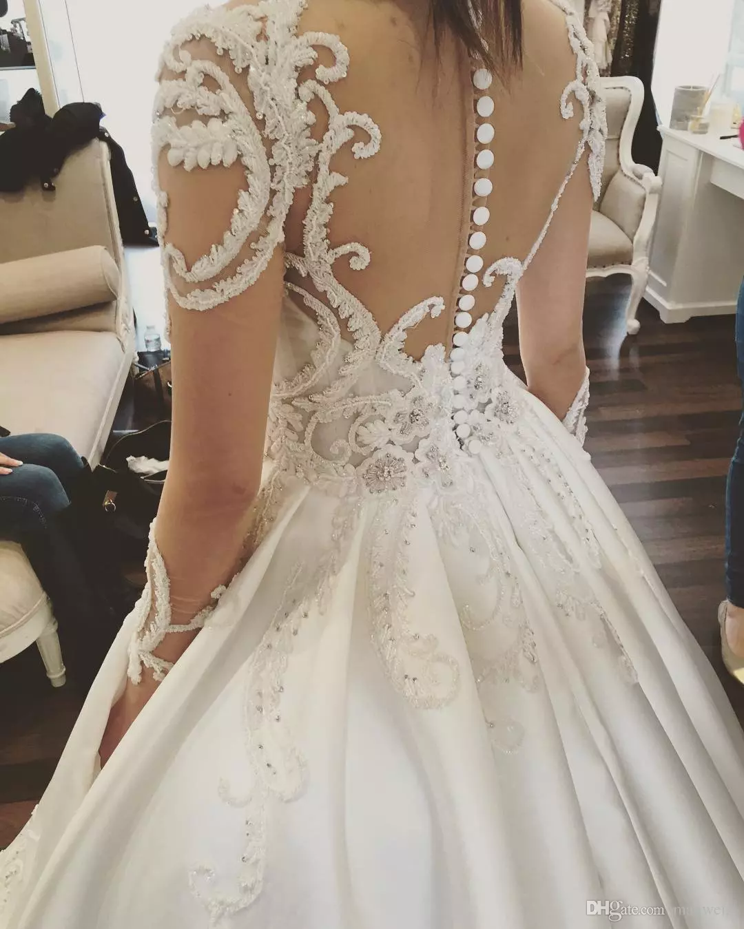 Long Sleeve 2022 Wedding Dresses Lace Applique Crystal Sheer Neck Bridal Gowns Cathedral Train Satin Plus Size Wedding Dress