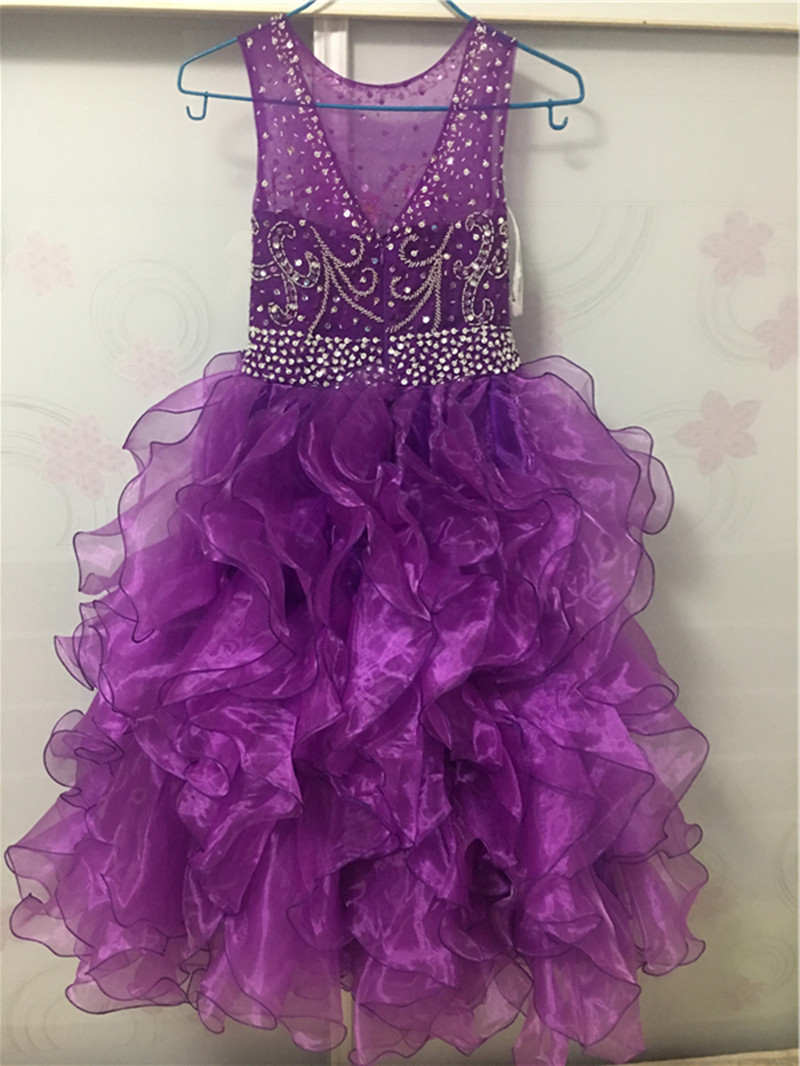 Purple Crystal Backless Ball Gown Flower Girl Dresses with Beading Sequined Organza Girls Pageant First Communion Dress BF10