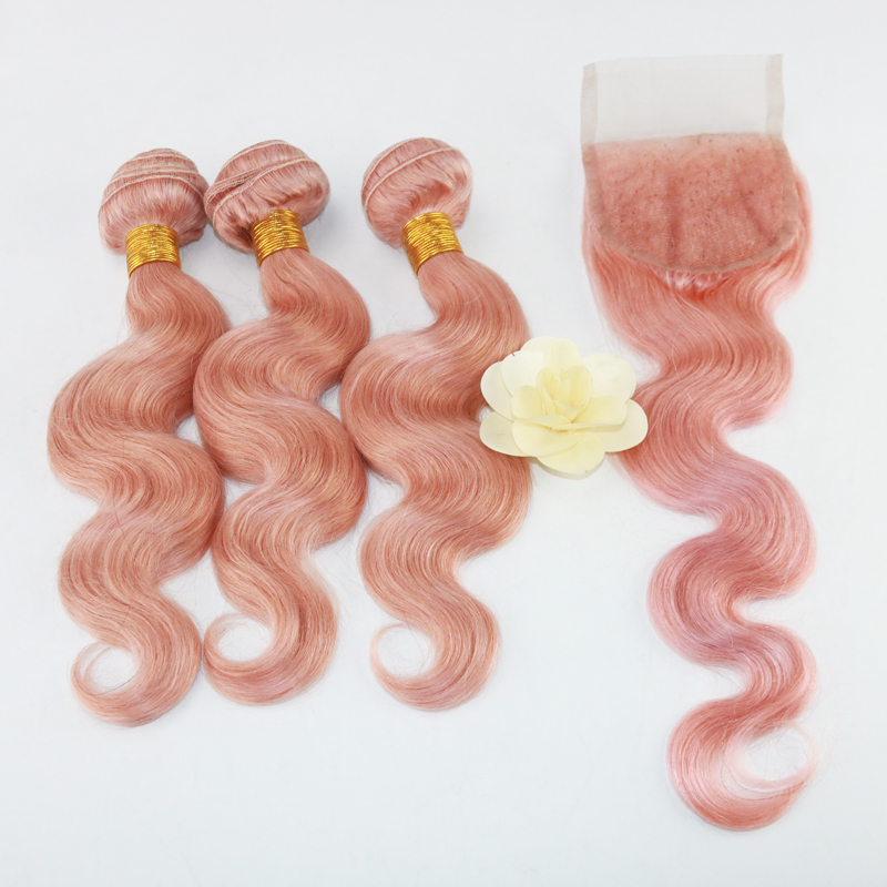 Wholesale Price Brazilian Virgin Hair 3 Bundles with Closure Unprocessed 100% Human Hair Bundles with Lace Closure Color Pink# Body Wave